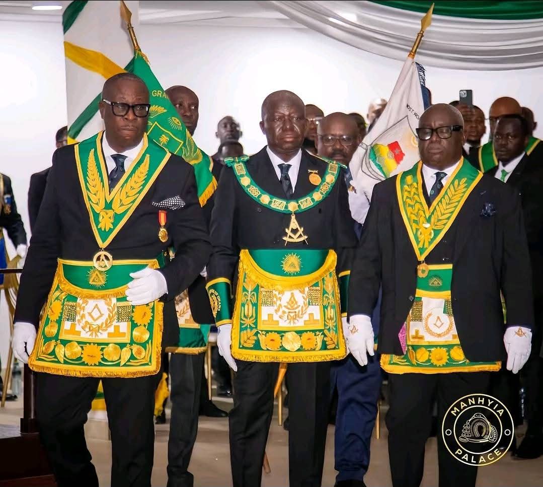 Formal Grand Lodge gathering in green and gold ceremonial regalia
